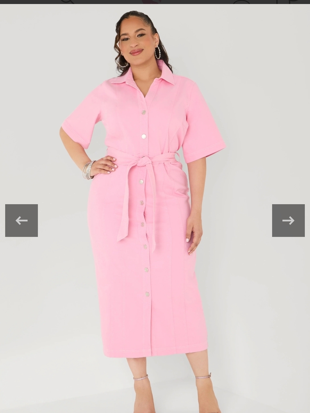 Ashley Stewart Pink Denim Button-Front Tie-Waist Midi Dress